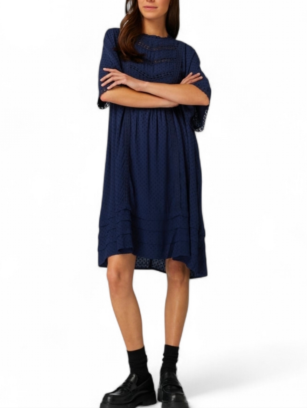 ATELIER REVE Navy Swiss Dot Embroidered Babydoll Dress - Size 36